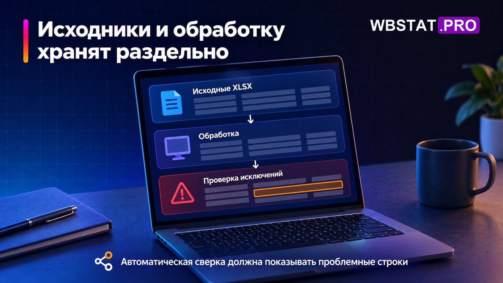 Исходники неизменны, преобразования отдельны, автоматизация показывает несвязанные строки/дубли/версии.