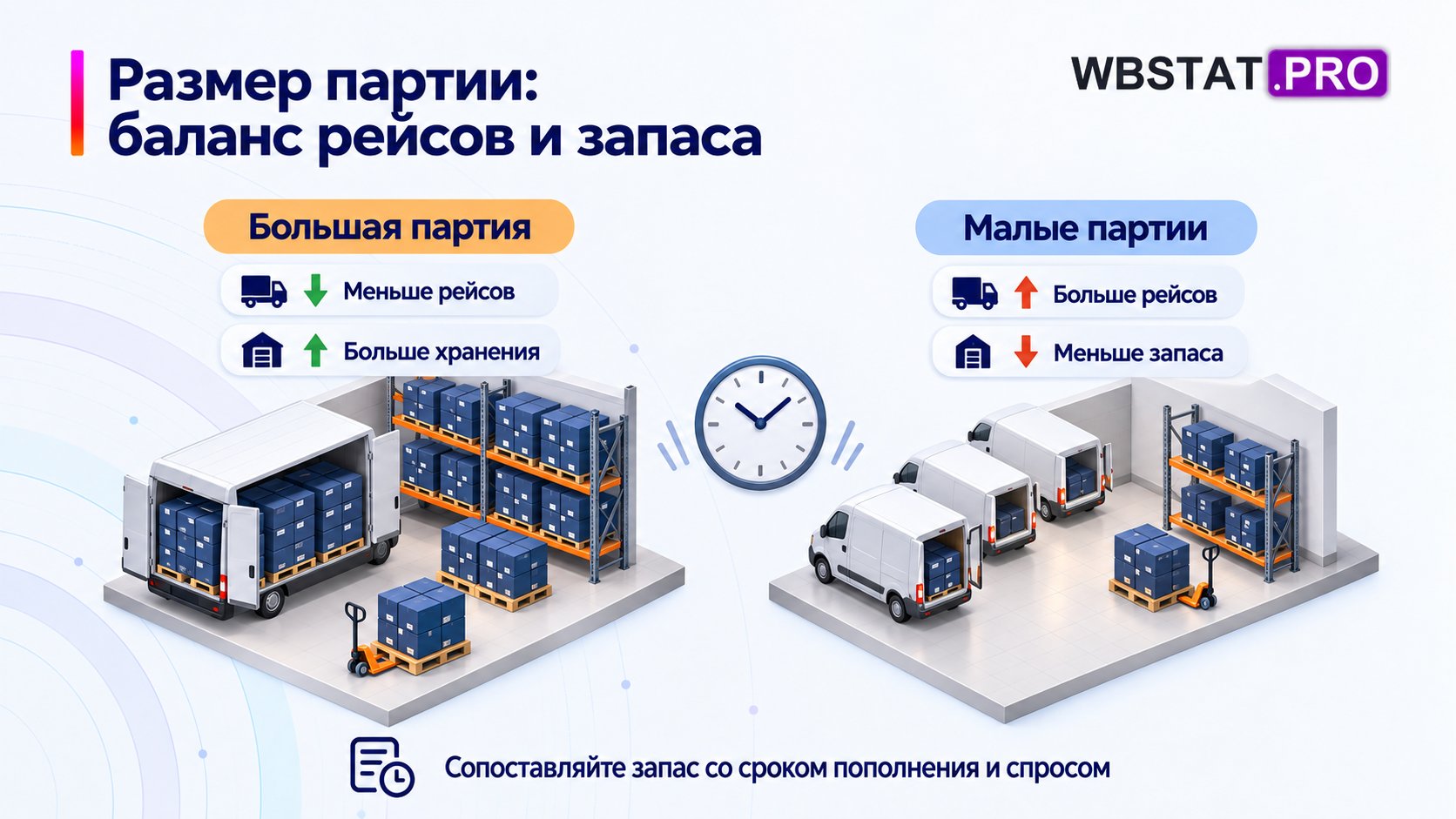 Сравнение больших и малых поставок по частоте рейсов и объёму хранимого запаса.