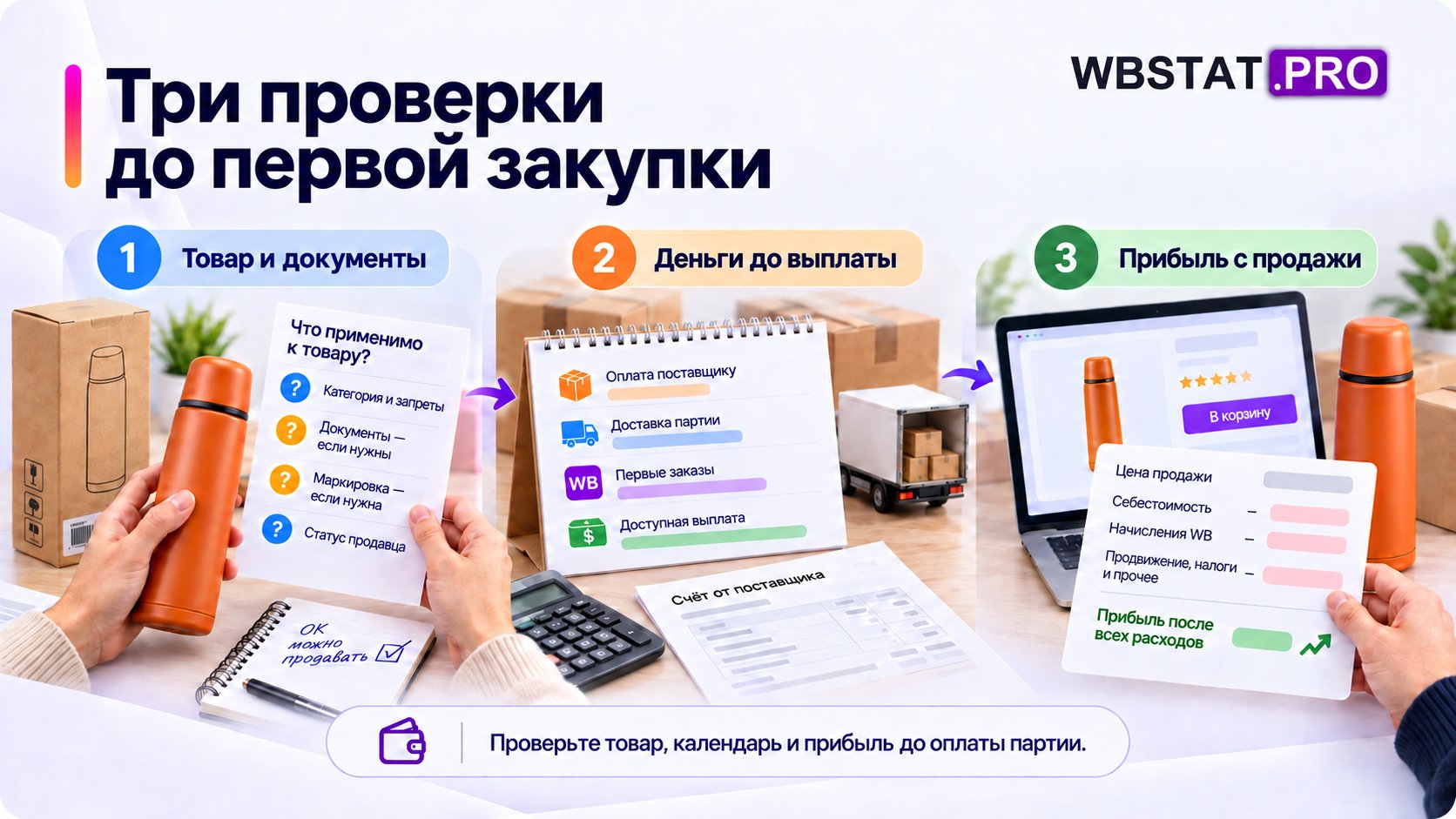 Три проверки до закупки: допустимость товара, календарь денег и прибыль одной продажи.
