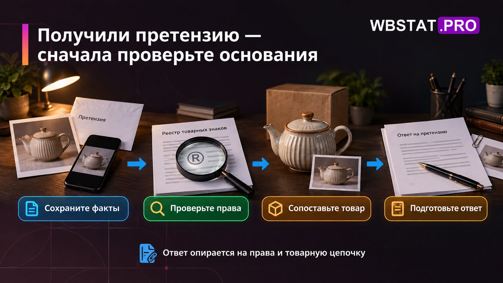 Четыре последовательных действия по обработке претензии без преждевременного признания нарушения.