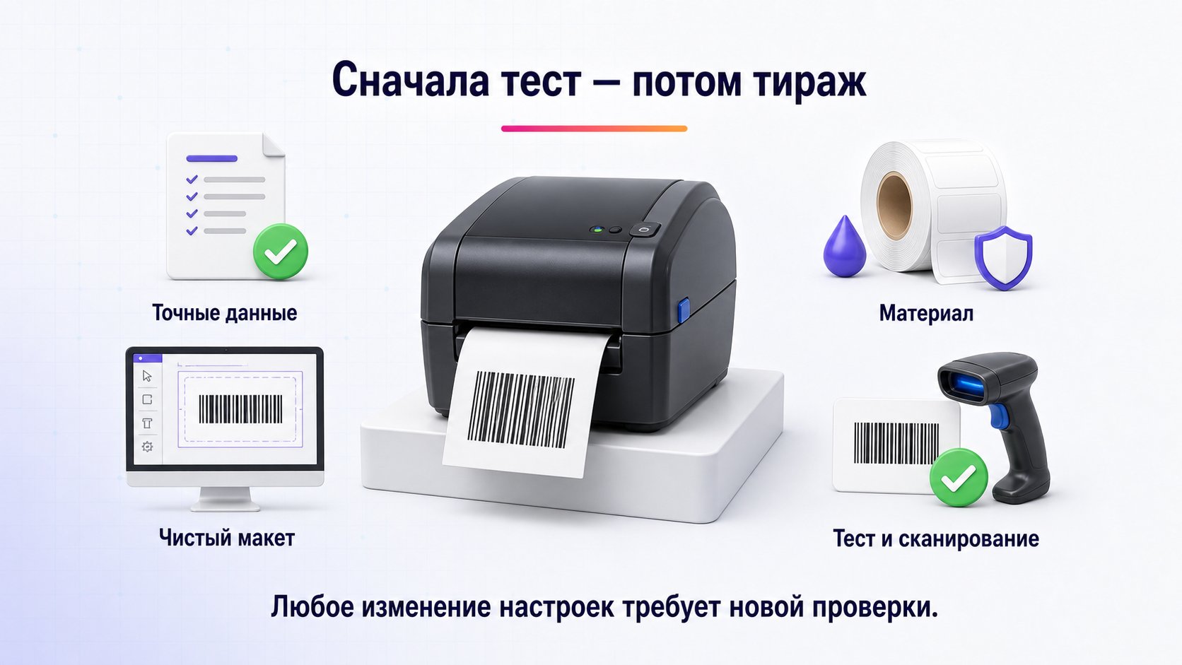 Как подготовить этикетку к печати — Соберите макет из точных данных, сохраните код без искажений и с чистой свободной зоной, подберите материал, напечатайте тест и проверьте его сканером перед тиражом.