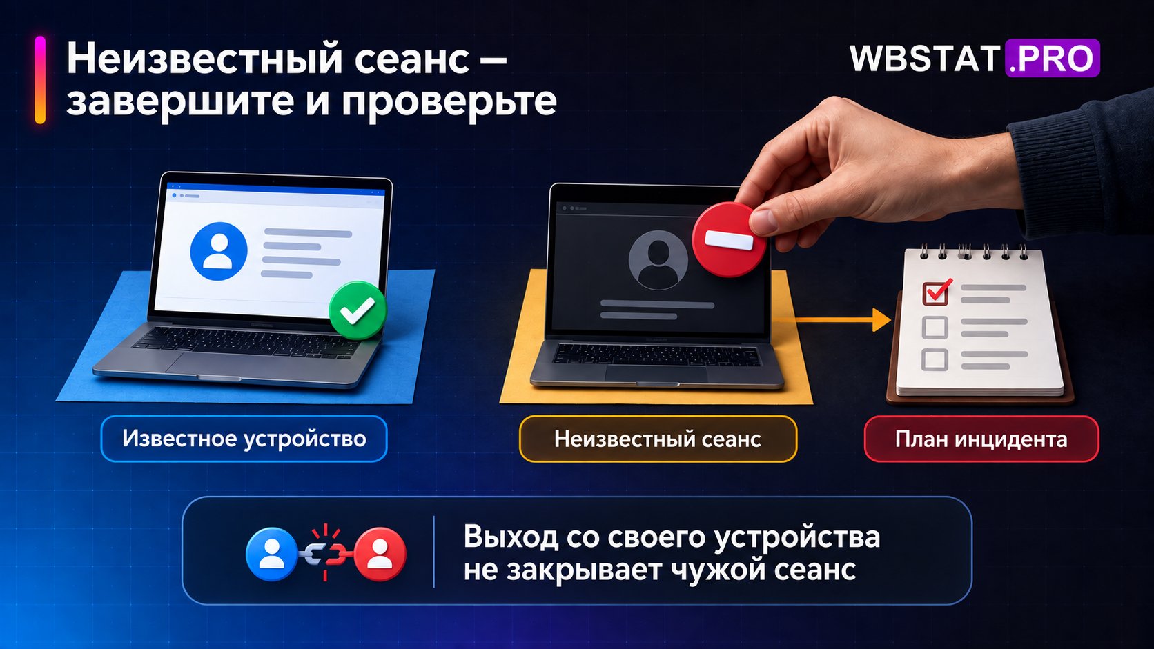 Неизвестный сеанс выделен отдельно и ведёт к плану реагирования.