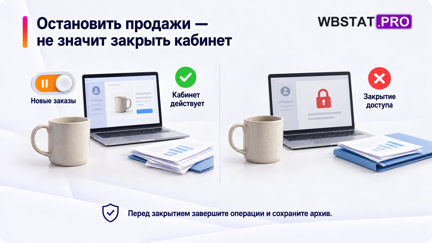 Остановить продажи — не значит закрыть кабинет Перед закрытием завершите операции и сохраните архив.