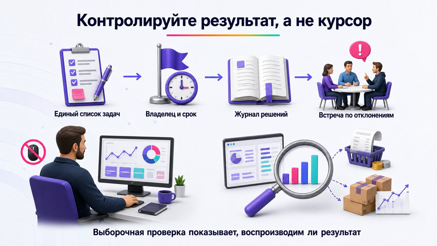 Как контролировать менеджера без постоянной проверки каждого действия — Задайте прозрачный процесс, контролируйте контрольные точки и выборочно сверяйте выводы с первичными данными.