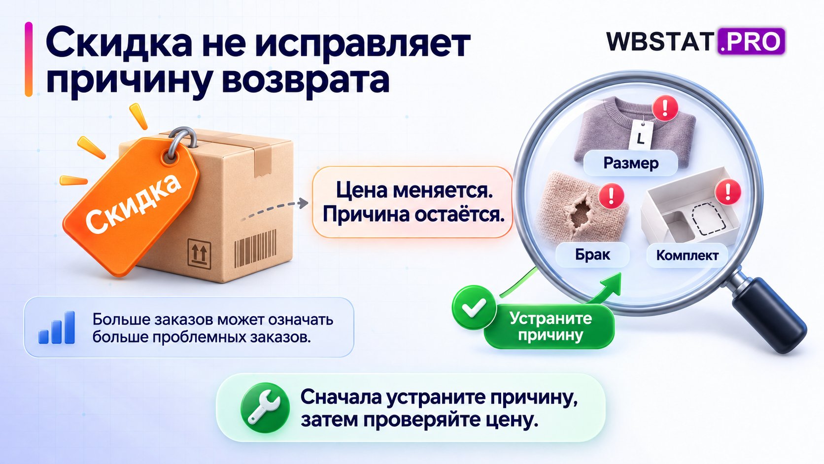 Изменение цены не устраняет неверный размер, дефект или ошибку комплектации; эффект проверяют по выкупу и прибыли.
