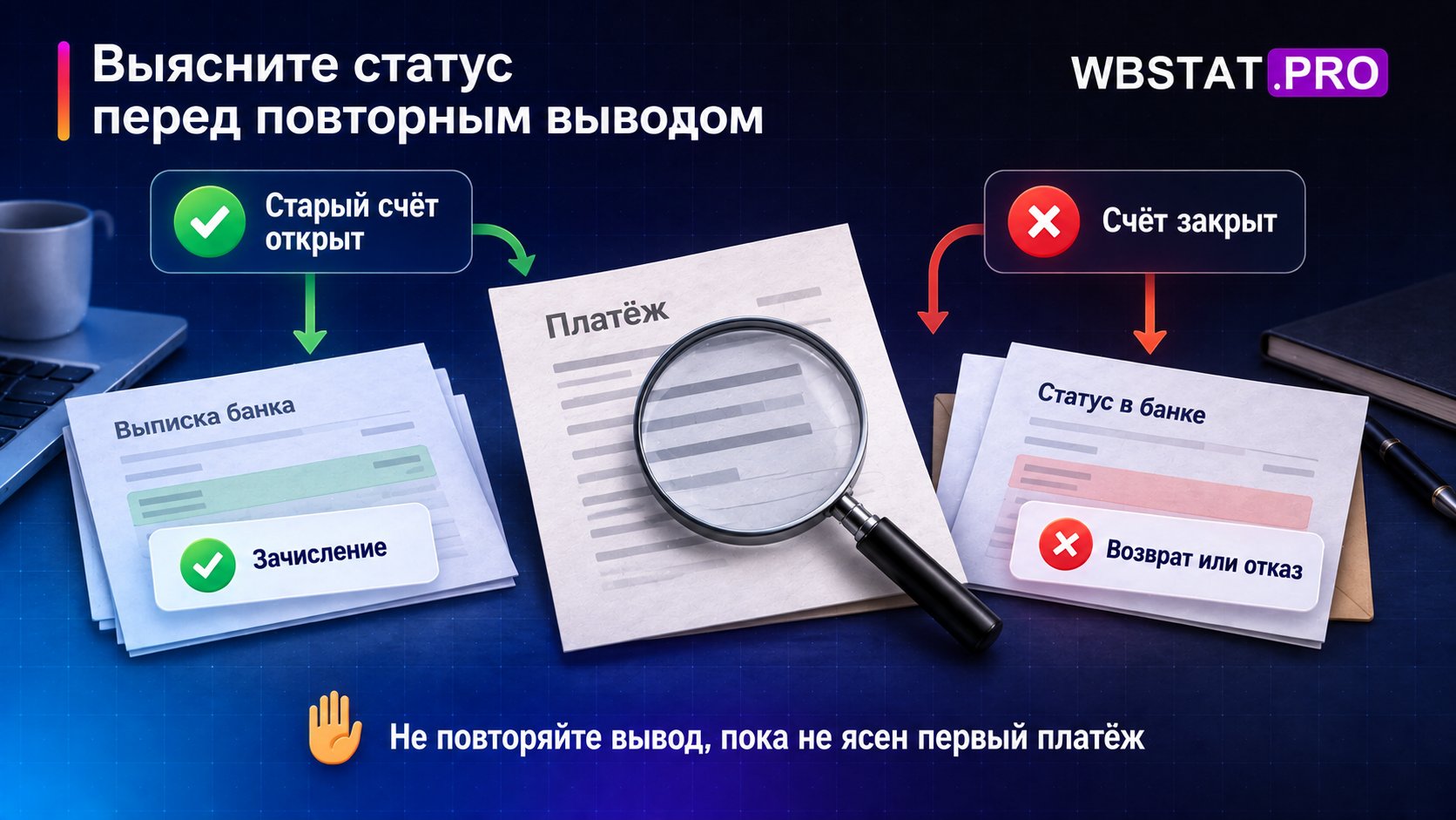 Выясните статус перед повторным выводом: не повторяйте вывод, пока не ясен первый платёж