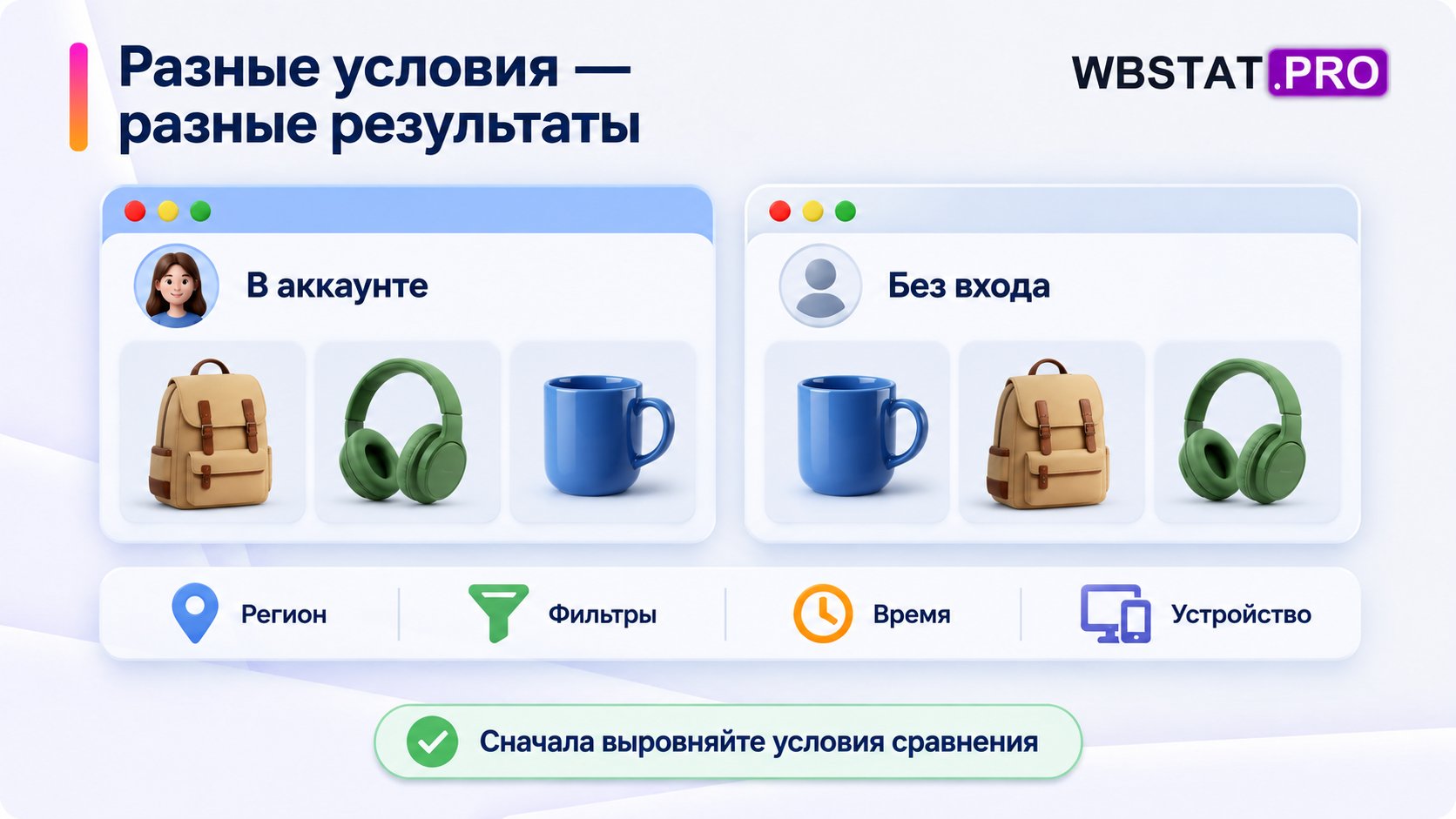 Два окна поиска с разным порядком одинаковых товаров и проверкой региона, фильтров, времени и устройства.