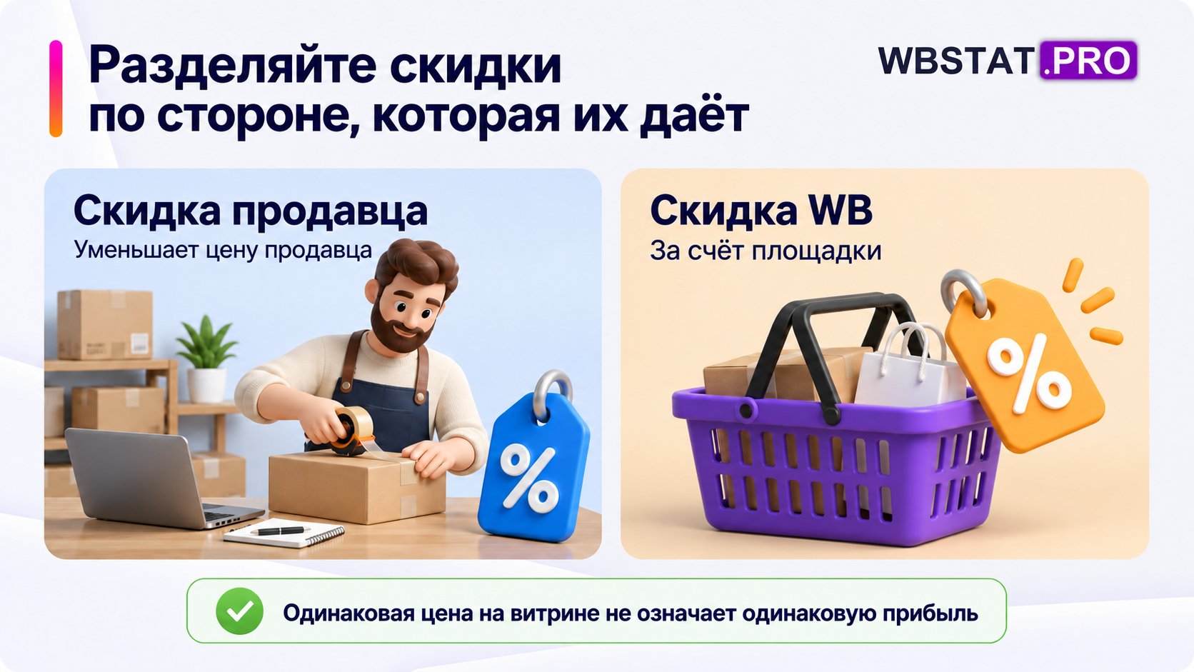 Различия скидки продавца и скидки WB по источнику финансирования.