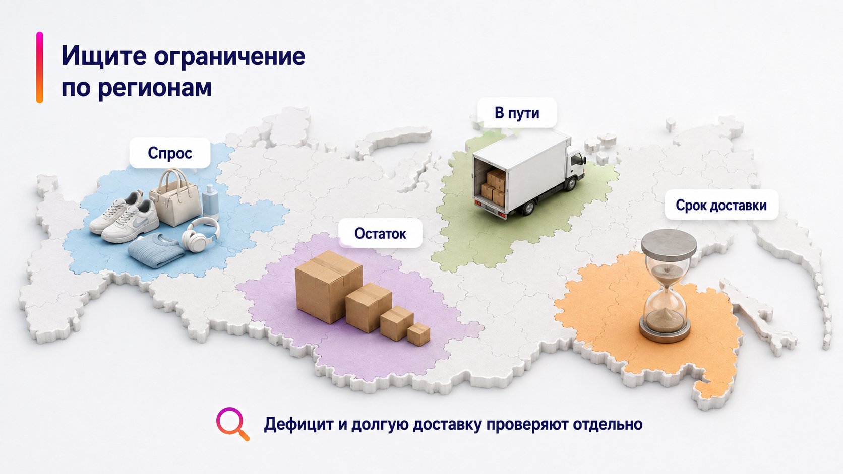 Как понять, что продажи на Wildberries ограничивает распределение остатков — Ищите ограничение по регионам; Спрос — Остаток — В пути — Срок доставки