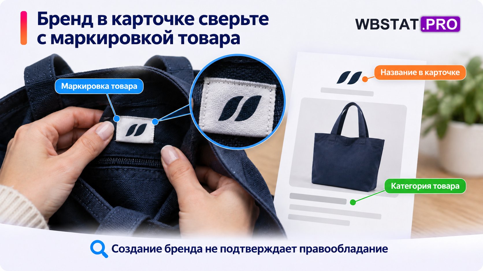 Руки продавца сопоставляют вшивную этикетку товара и нейтральный эскиз карточки.