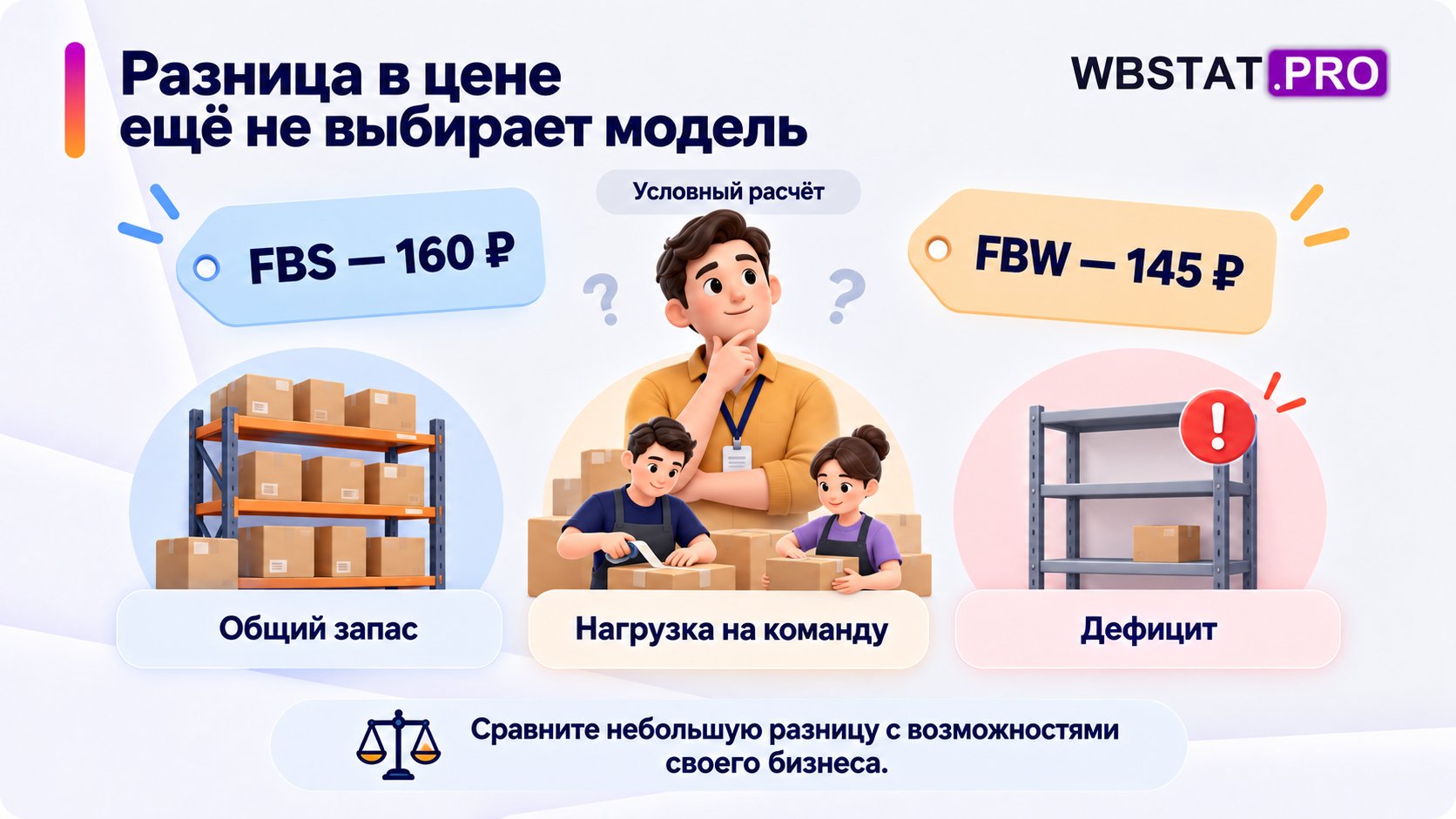 Условную разницу FBS 160 рублей и FBW 145 рублей сопоставляют с запасами и нагрузкой на команду.