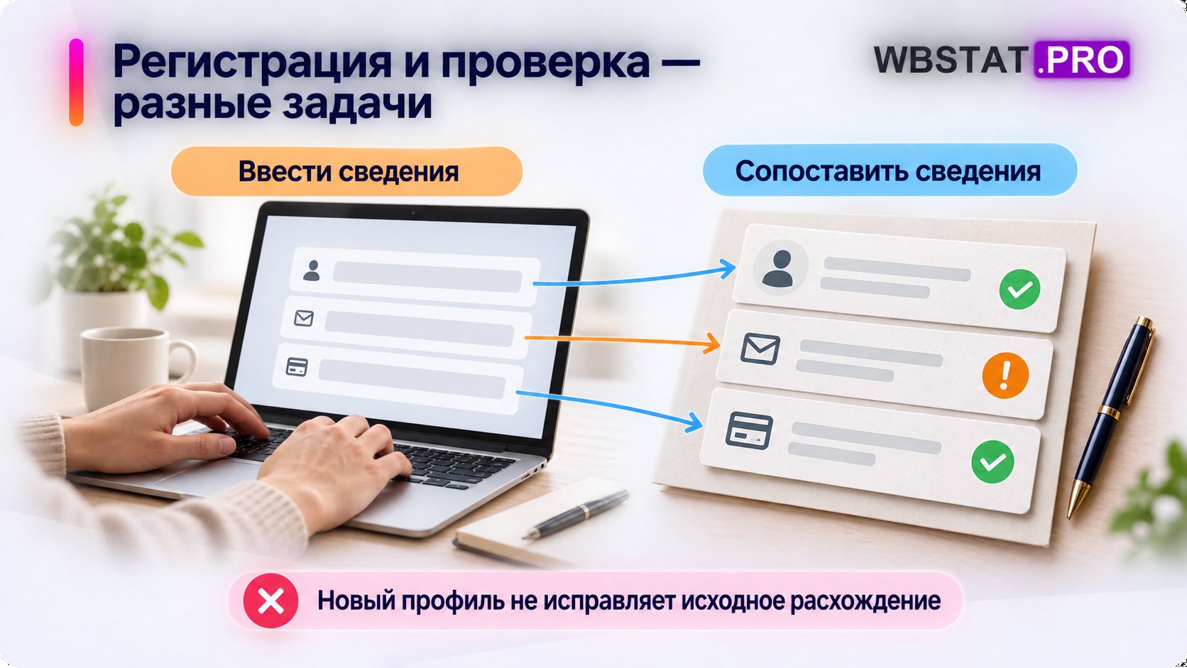 Слева продавец заполняет форму, справа сопоставляются сведения того же бизнеса.
