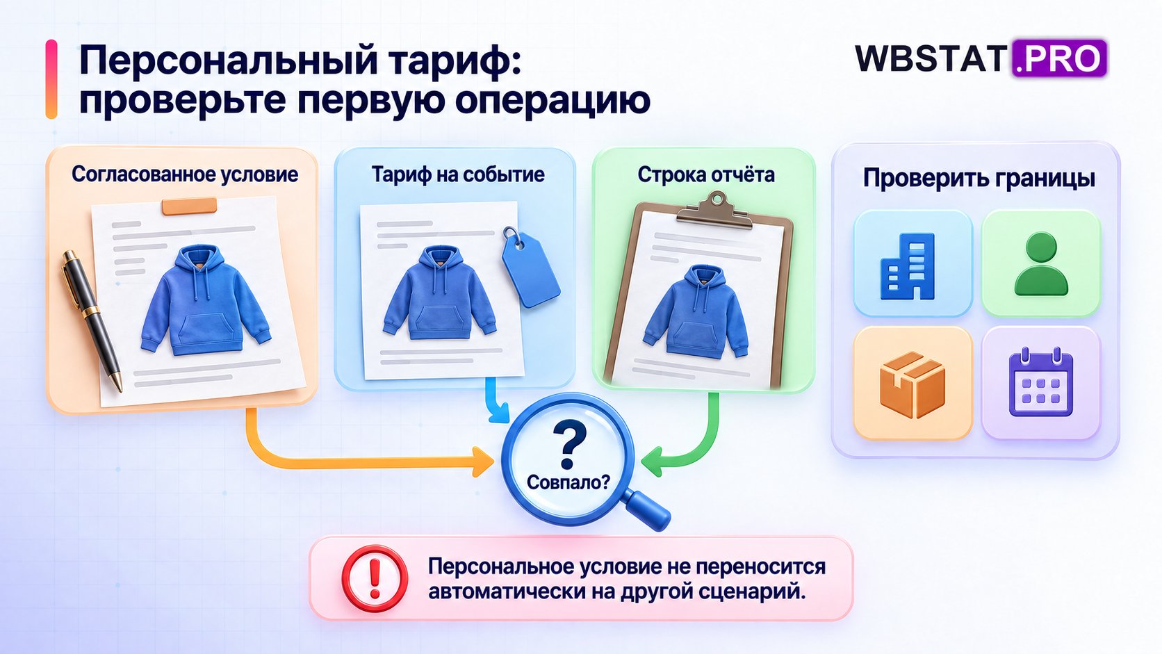 Персональный тариф: проверьте первую операцию. Персональное условие не переносится автоматически на другой сценарий.