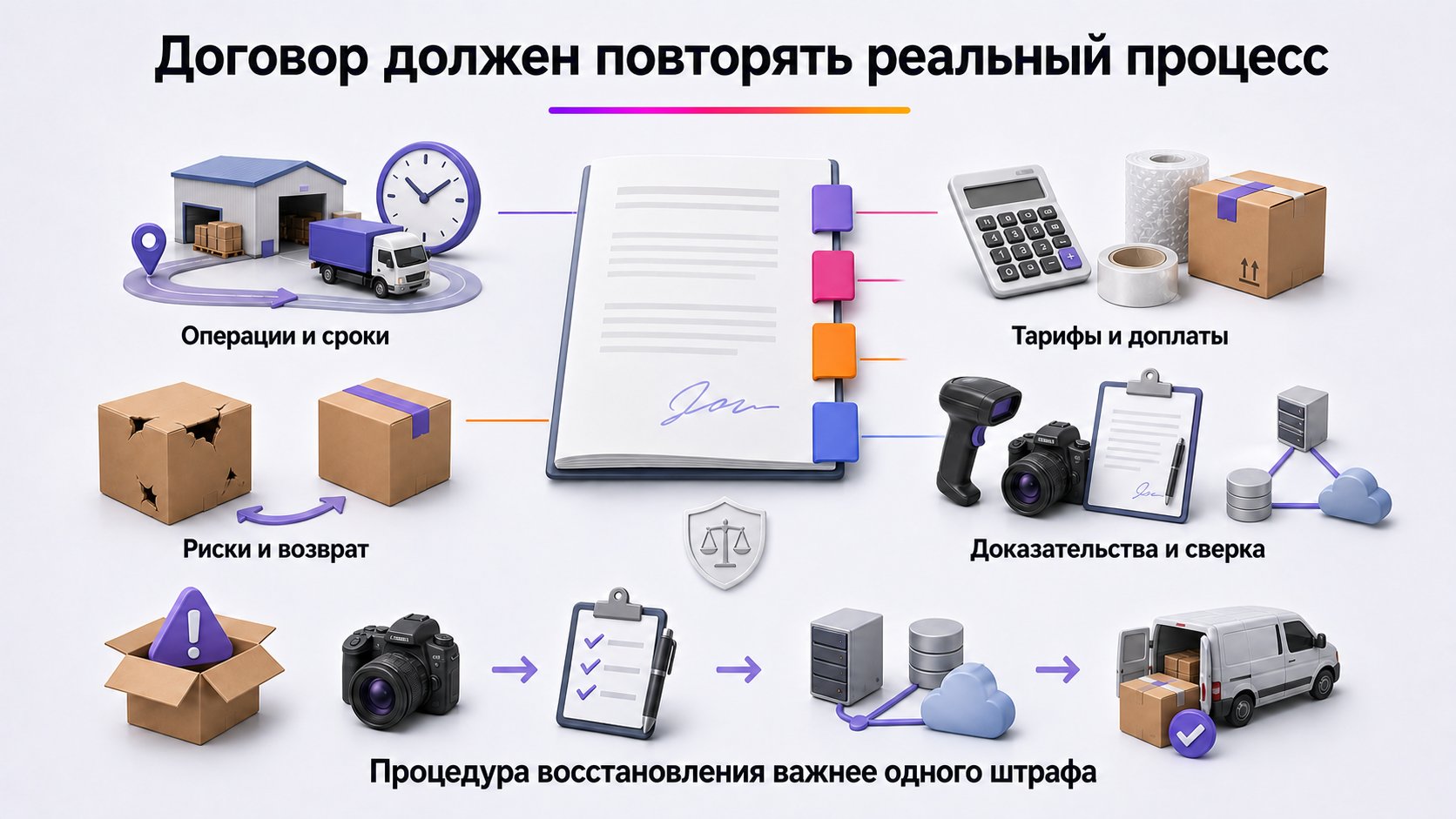 Что закрепить в договоре с фулфилментом — Закрепите не общие обещания, а операции, события, доказательства, сроки и процедуру разбора ошибок.