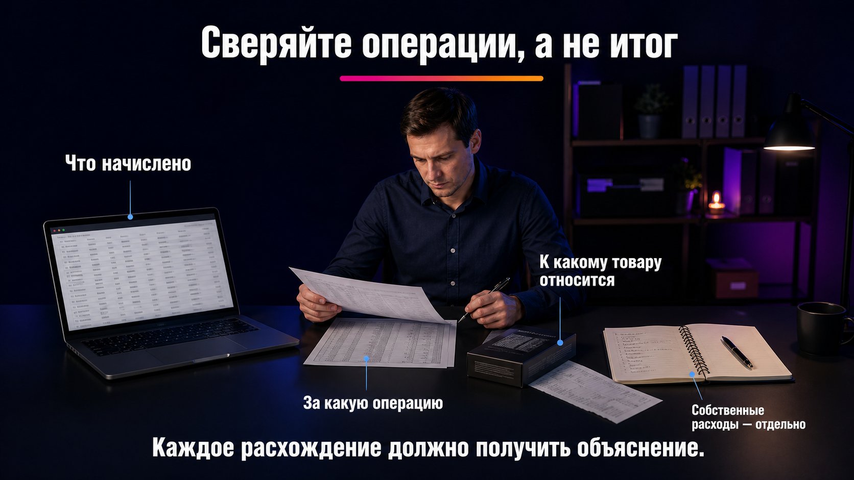 Где сверять фактические доходы и расходы — Сверяйте детализацию отчётов по каждой операции, товару и периоду, а собственные расходы добавляйте отдельно.