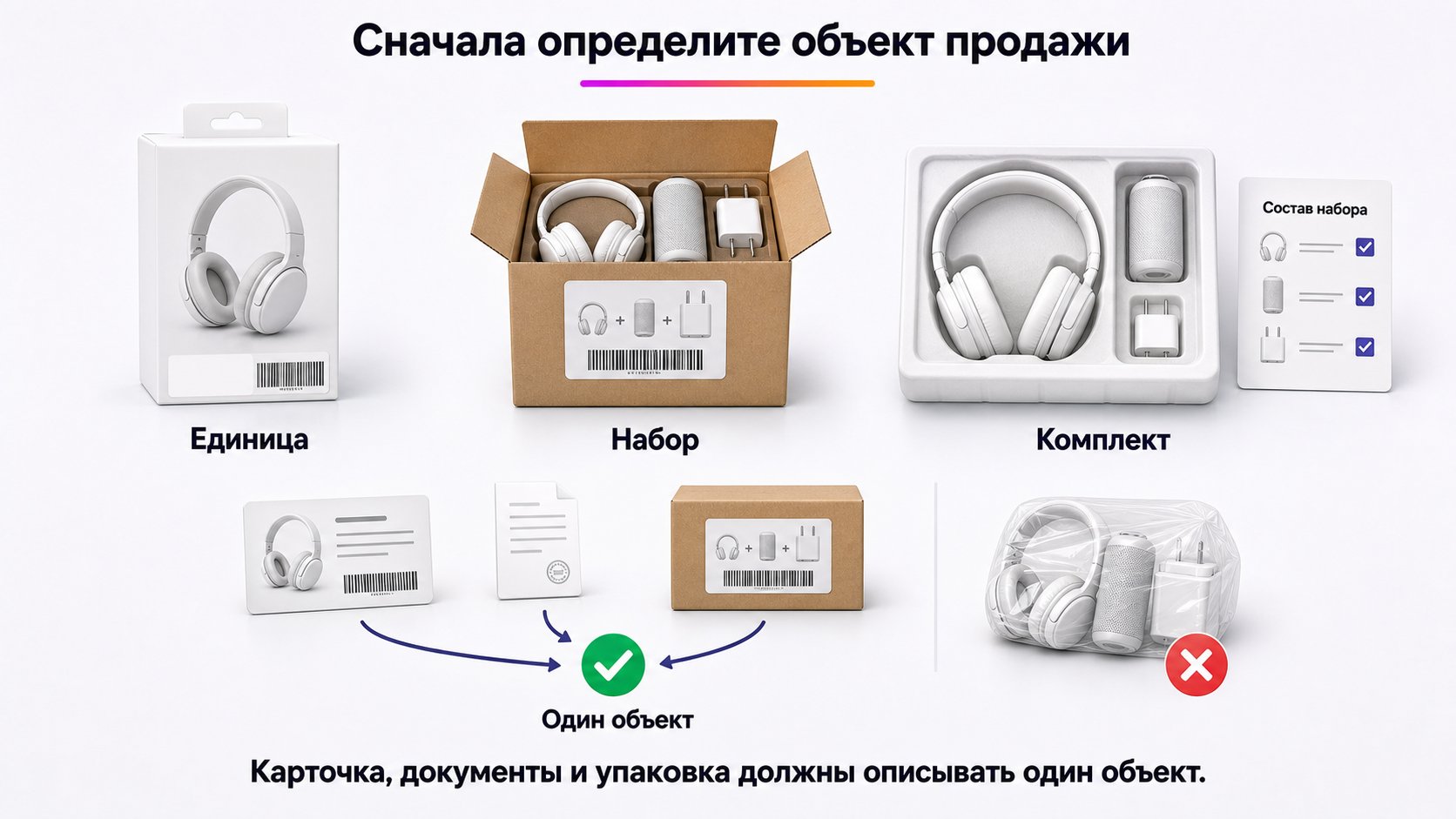 Как маркировать комплекты и наборы — Сначала определите объект продажи и правила товарной группы, затем зафиксируйте состав и коды; карточка, документы и физическая упаковка должны описывать один и тот же набор или комплект.