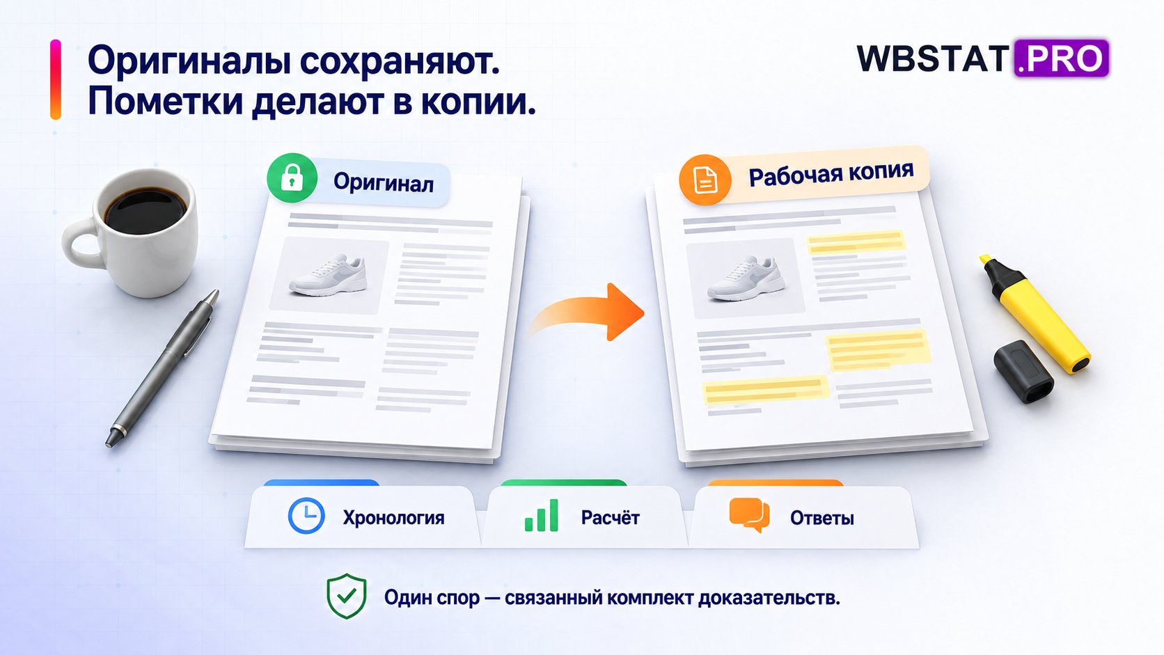 Оригиналы сохраняют. Пометки делают в копии. Один спор — связанный комплект доказательств.