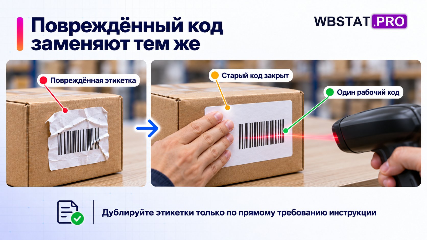 Повреждённую этикетку заменяют, закрывая старую и сохраняя один рабочий код.; Дополнительные копии нужны только при прямом требовании инструкции.