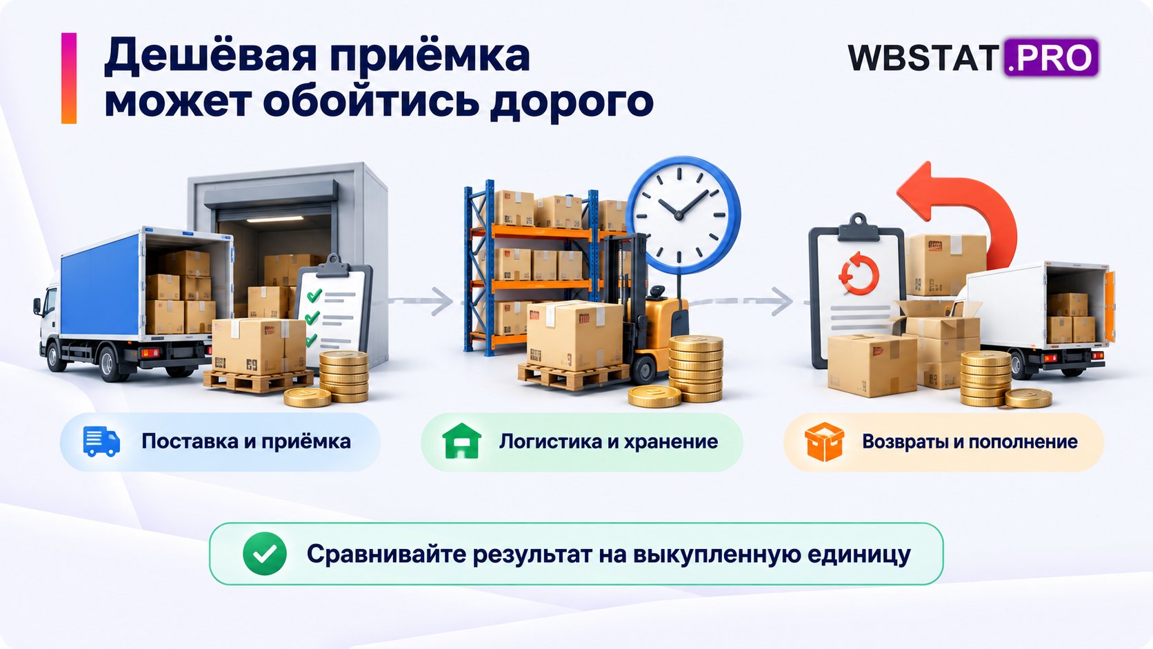 Приёмку сопоставляют с логистикой, хранением, возвратами и пополнением.