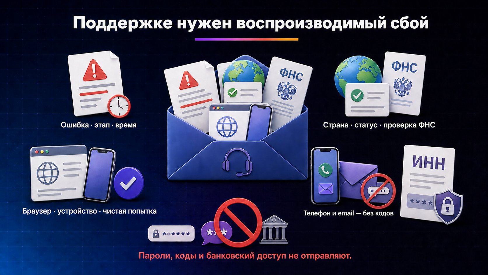 Какие данные приложить к обращению по ошибке регистрации — Передайте контекст ошибки, сведения о бизнесе и среде проверки, а чувствительные данные маскируйте и никогда не прикладывайте к свободному описанию.