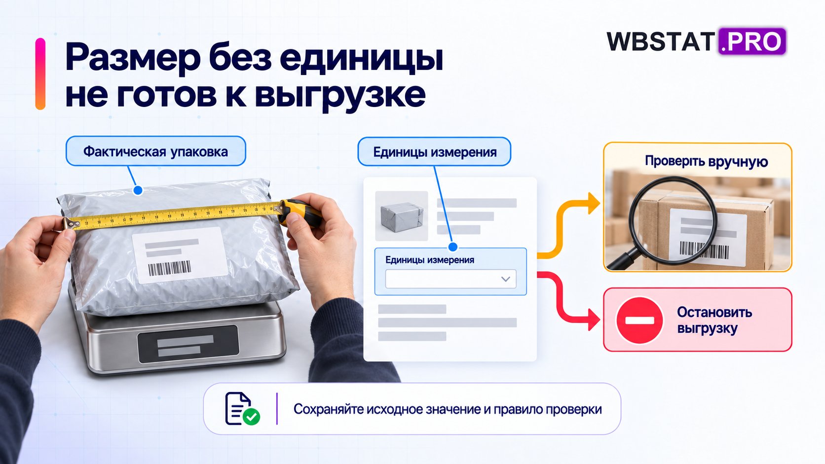 До выгрузки проверяют единицы, диапазоны и фактические габариты логистической единицы.; Предупреждение отличается от блокирующей ошибки; исходные данные и правило сохраняются.