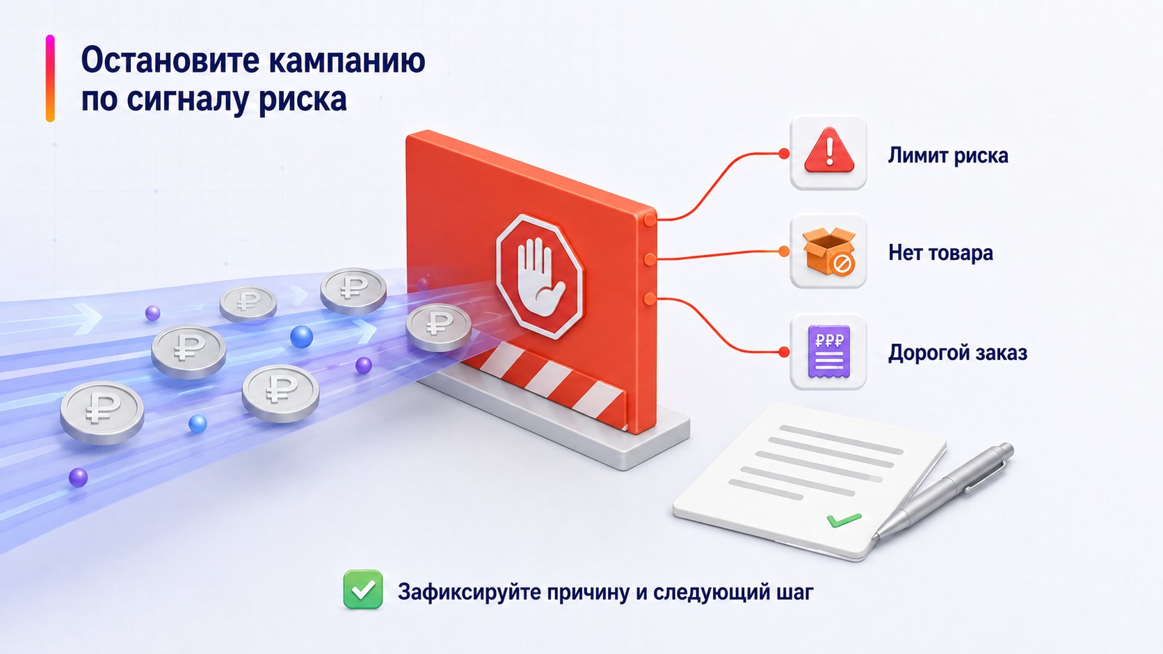Когда рекламную кампанию нужно остановить — Остановите кампанию по сигналу риска; Лимит риска — Нет товара — Дорогой заказ