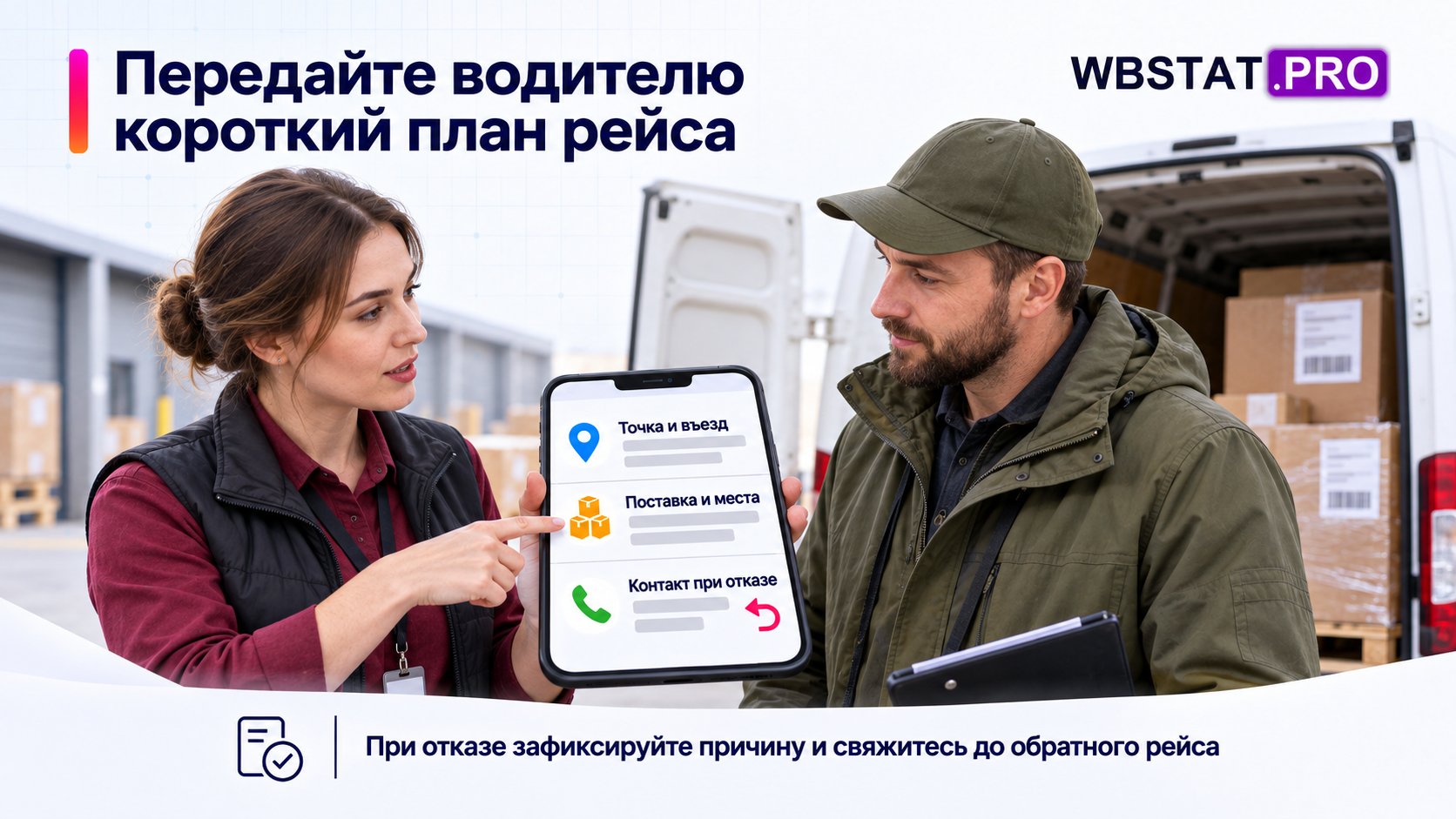Водителю нужны точка, въезд, параметры поставки, места, документы и контакт.; При отказе он фиксирует причину и связывается до обратного рейса, не меняет условия сам.