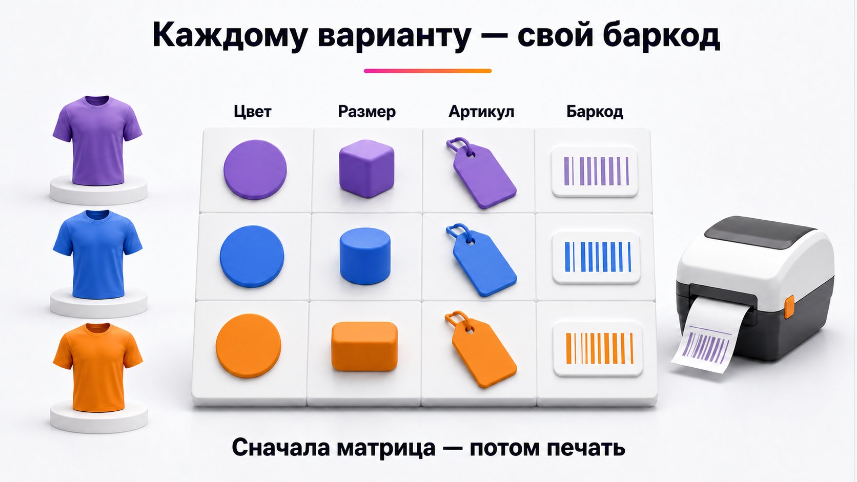 Нужен ли отдельный баркод для каждого цвета и размера — Каждый отдельный вариант по цвету, размеру или другой характеристике должен иметь собственную связь с баркодом; сначала утверждают матрицу вариантов, затем печатают этикетки.