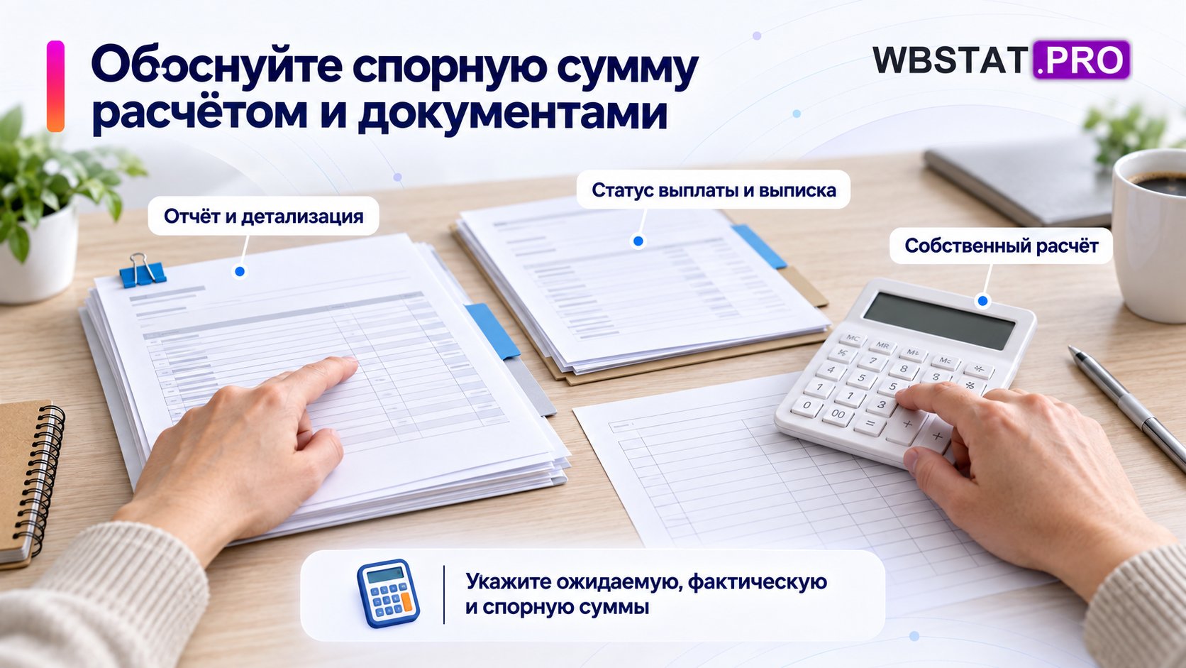 На рабочем столе сверяют отчёт с выплатой и банковской выпиской и проверяют собственный расчёт спорной суммы.